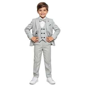 Ekose Desen Yelekli Papyonlu Ceketli Erkek Çocuk Takım Elbise