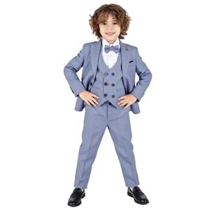 Ekose Desen Yelekli Papyonlu Ceketli Erkek Çocuk Takım Elbise