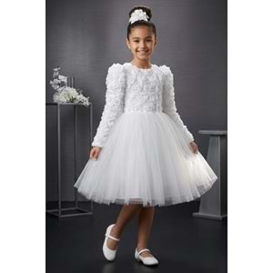 Tütülü Uzun Kol Güllü Tokalı Kız Parti Elbisesi