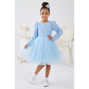 Tütülü Uzun Kol Güllü Tokalı Kız Parti Elbisesi