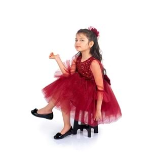 Tütü Etekli Pul Payetli Kız Çocuk Tül Kollu Elbise