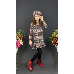 Ekose Desenli Kaşe Kumaş Kışlık Çocuk Elbise SB412