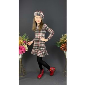 Ekose Desenli Kaşe Kumaş Kışlık Çocuk Elbise SB412