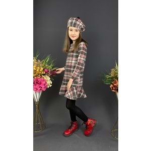 Ekose Desenli Kaşe Kumaş Kışlık Çocuk Elbise SB412