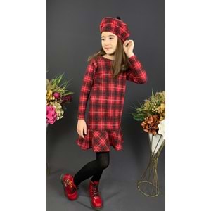 Ekose Desenli Kaşe Kumaş Kışlık Çocuk Elbise SB412