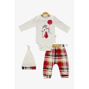 Erkek Bebek Ekose Pantolonlu Şapkalı Body Takım SB587