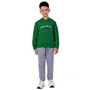 Erkek Çocuk Nakışlı Kanguru Cepli Kapuşonlu Sweatshirt Eşofman Takımı