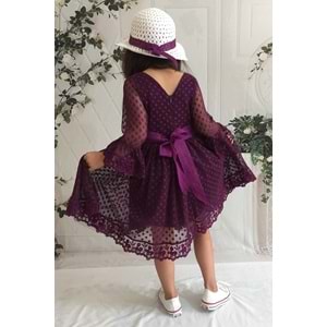 Şapkalı Dantel Kumaş Kumaşlı Kız Çocuk Uzun Kol Elbise