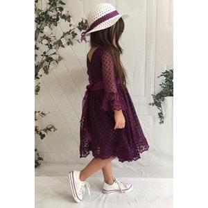 Şapkalı Dantel Kumaş Kumaşlı Kız Çocuk Uzun Kol Elbise