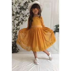 Şapkalı Dantel Kumaş Kumaşlı Kız Çocuk Uzun Kol Elbise