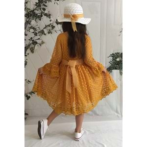 Şapkalı Dantel Kumaş Kumaşlı Kız Çocuk Uzun Kol Elbise