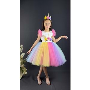 Renkli Tütü Etekli Kız Çocuk Taçlı Elbise