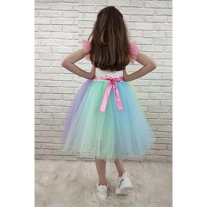 Renkli Tütü Etekli Kız Çocuk Taçlı Elbise