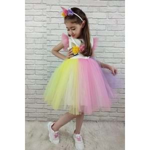 Renkli Tütü Etekli Kız Çocuk Taçlı Elbise