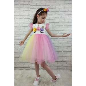 Renkli Tütü Etekli Kız Çocuk Taçlı Elbise