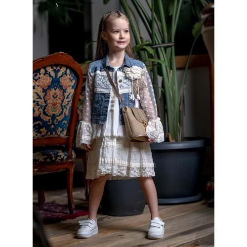 Kot Ceket ve Elbise Takımı Dantelli Kız Çocuk SB717
