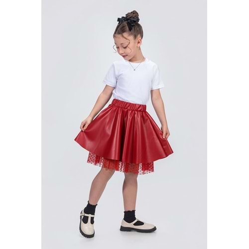 Kız Çocuk Elttan Tül Destekli Deri Etek SB725