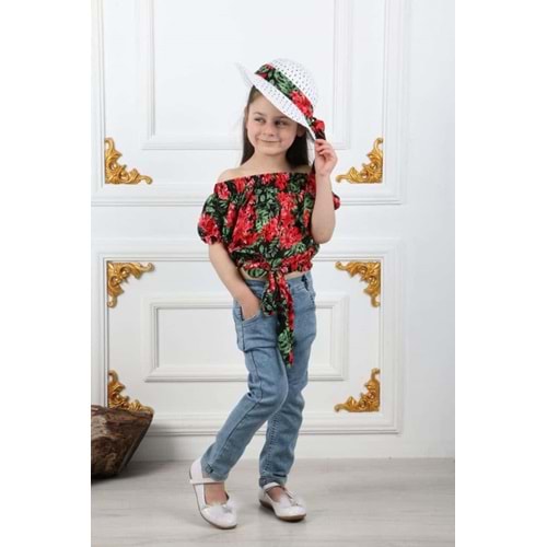 Kız Çocuk Kot Pantolon, Şapka , Bluz Takım SB731