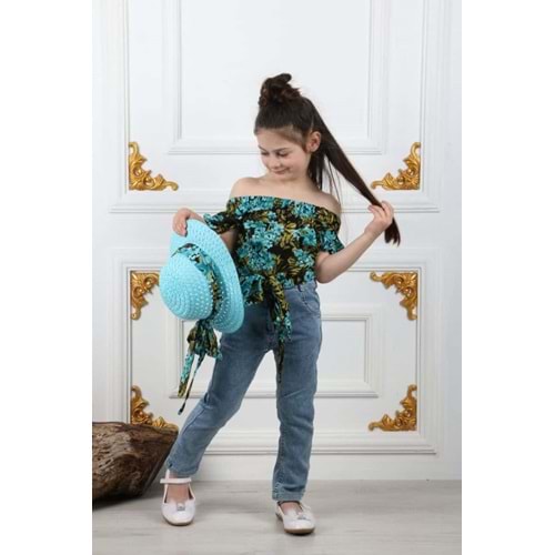 Kız Çocuk Kot Pantolon, Şapka , Bluz Takım SB731