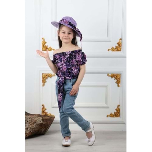 Kız Çocuk Kot Pantolon, Şapka , Bluz Takım SB731