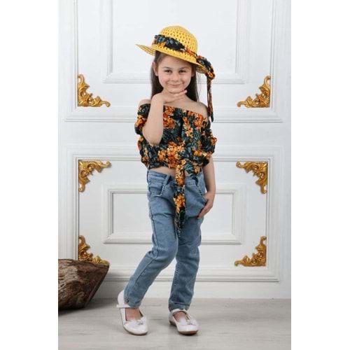 Kız Çocuk Kot Pantolon, Şapka , Bluz Takım SB731