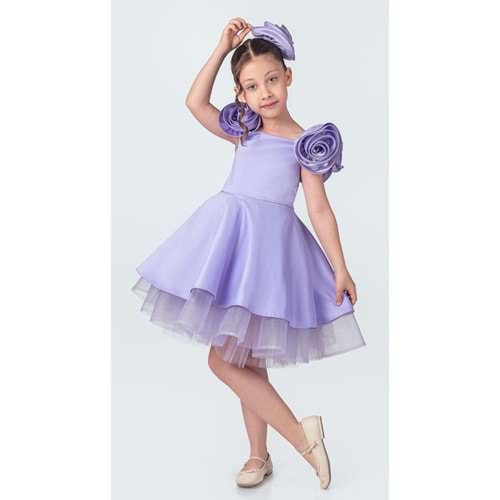 Omuz Gül Motifli Kız Çocuk Abiye Elbise SB735