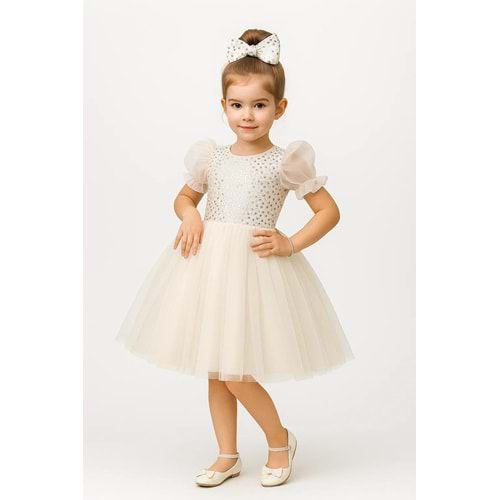 Tütü Etekli Balon Kol Kız Çocuk Elbise M00751