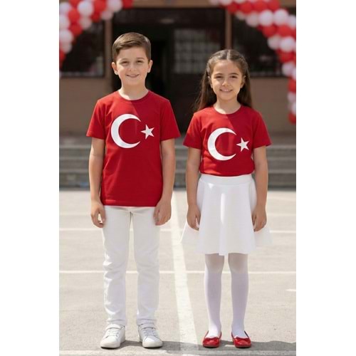 Ay Yıldız Türk Bayraklı için Pamuklu Kısa Kollu Unisex Çocuk Tişört M00791