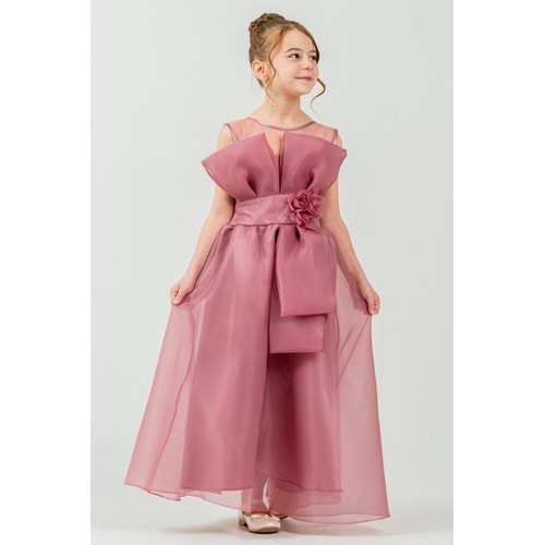 Kız Çocuk Esnek Gipe Sırtlı Çiçekli ve Kurdeleli Şık Organze Abiye M00800