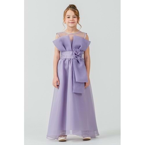 Kız Çocuk Esnek Gipe Sırtlı Çiçekli ve Kurdeleli Şık Organze Abiye M00800