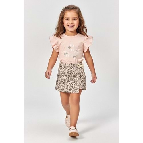 Kız Çocuk Lepoar Desen Etekli Fırfırlı T-Shirt Takım M00801