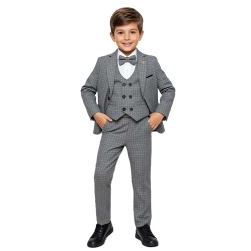 Ekose Desen Yelekli Papyonlu Ceketli Erkek Çocuk Takım Elbise