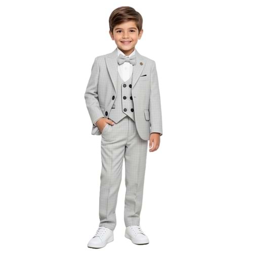 Ekose Desen Yelekli Papyonlu Ceketli Erkek Çocuk Takım Elbise