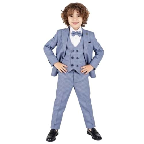 Ekose Desen Yelekli Papyonlu Ceketli Erkek Çocuk Takım Elbise