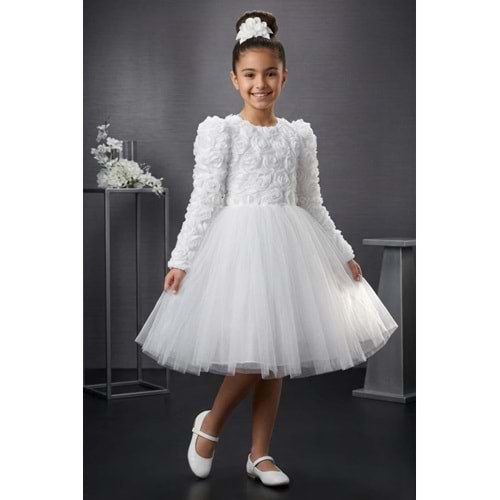 Tütülü Uzun Kol Güllü Tokalı Kız Parti Elbisesi