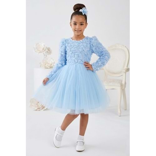 Tütülü Uzun Kol Güllü Tokalı Kız Parti Elbisesi