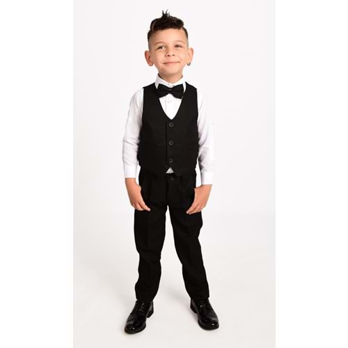 Erkek Çocuk 3 Düğmeli Yelek, Gömlek, Papyon, Broş ve Pantolon Özel Gün Takım