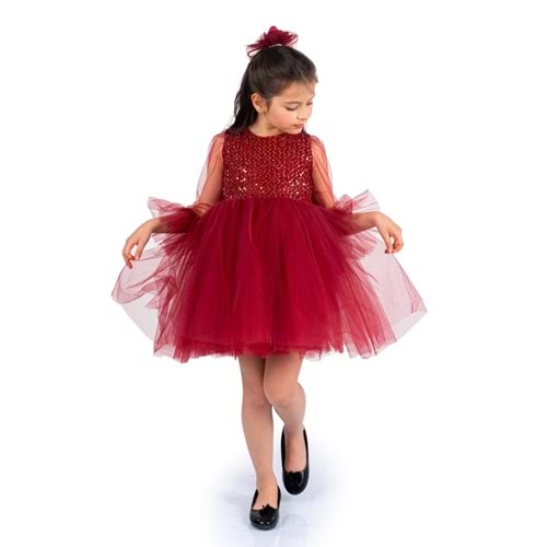 Tütü Etekli Pul Payetli Kız Çocuk Tül Kollu Elbise