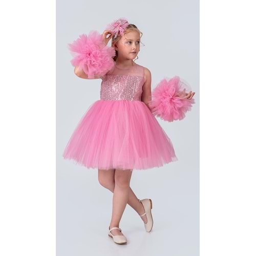 Tütü Etekli Ponpon Kollu Kız Çocuk Payetli Özel Gün Abiye