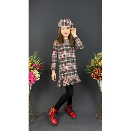 Ekose Desenli Kaşe Kumaş Kışlık Çocuk Elbise SB412