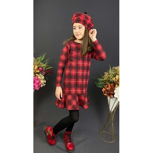 Ekose Desenli Kaşe Kumaş Kışlık Çocuk Elbise SB412