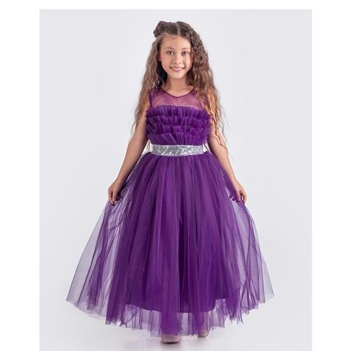 Tütü Uzun Etek Beli Payetli Kız Çocuk Elbise SB618