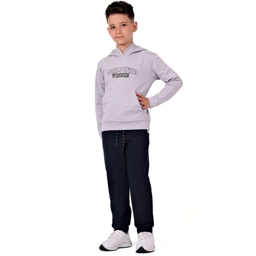 Erkek Çocuk Nakışlı Kanguru Cepli Kapuşonlu Sweatshirt Eşofman Takımı