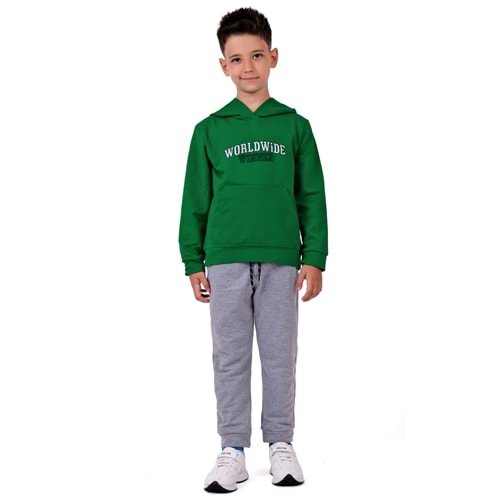 Erkek Çocuk Nakışlı Kanguru Cepli Kapuşonlu Sweatshirt Eşofman Takımı