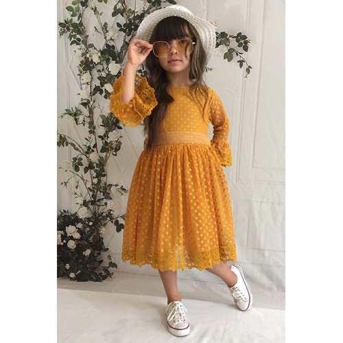 Şapkalı Dantel Kumaş Kumaşlı Kız Çocuk Uzun Kol Elbise