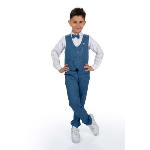 Erkek Çocuk Yelek , Pantolon, Gömlek, Papyon Ve Zincirli Smokin Takım Elbise SYM0272