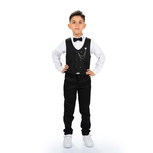 Erkek Çocuk Yelek , Pantolon, Gömlek, Papyon Ve Zincirli Smokin Takım Elbise SYM0272