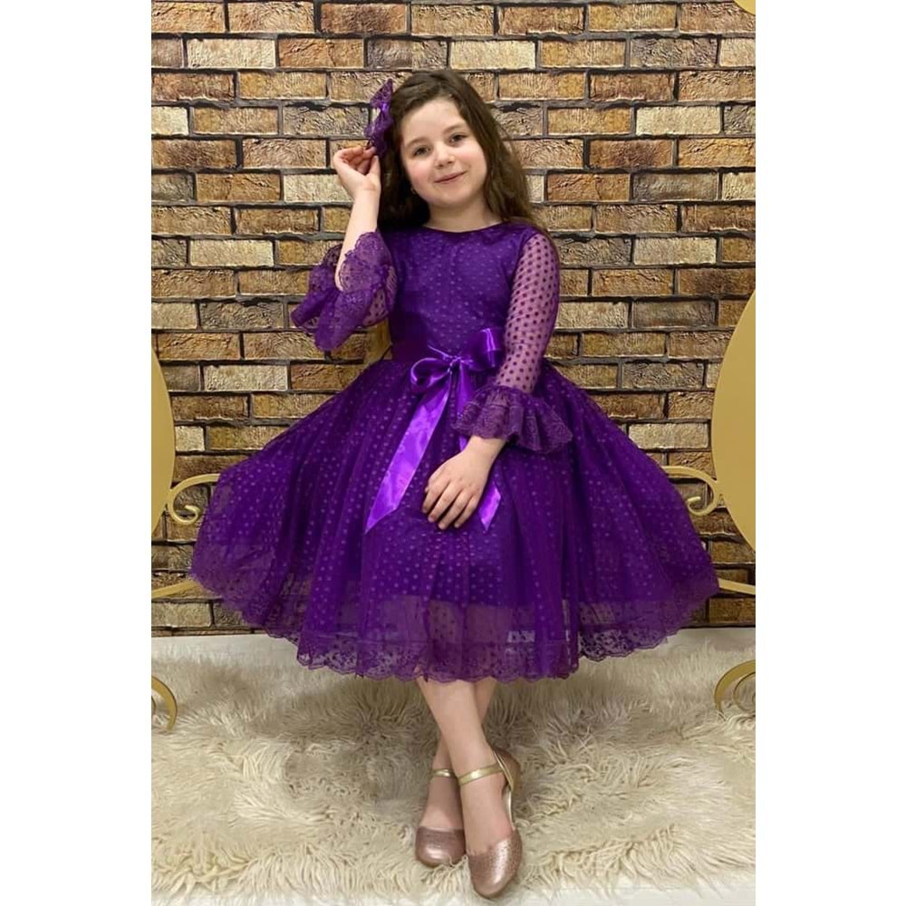 Dantel Kumaş Kız Çocuk Uzun Kol Elbise