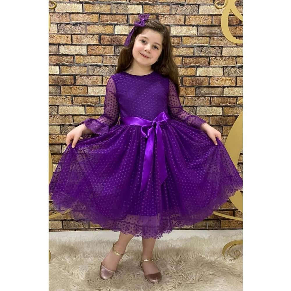 Dantel Kumaş Kız Çocuk Uzun Kol Elbise