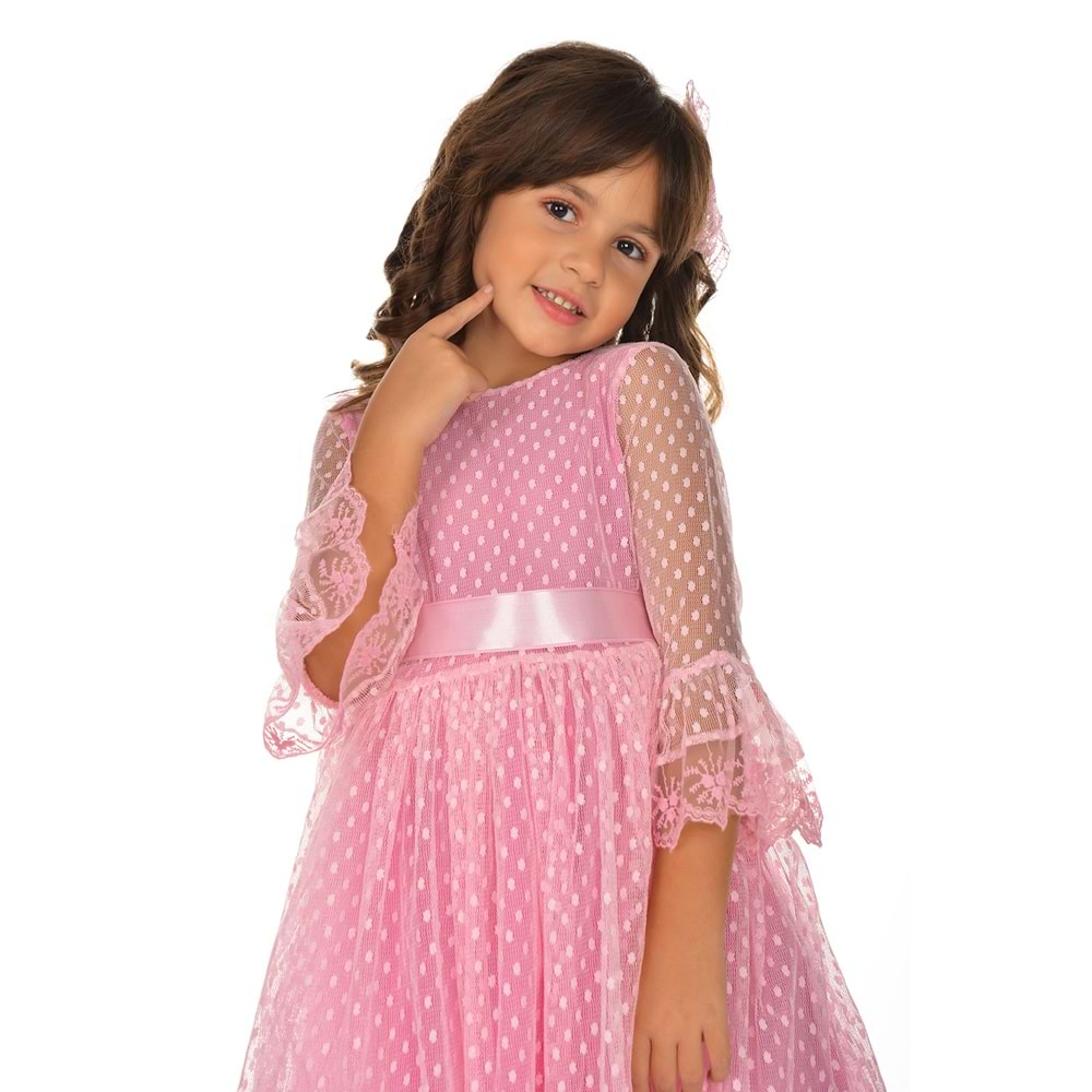 Dantel Kumaş Kız Çocuk Uzun Kol Elbise